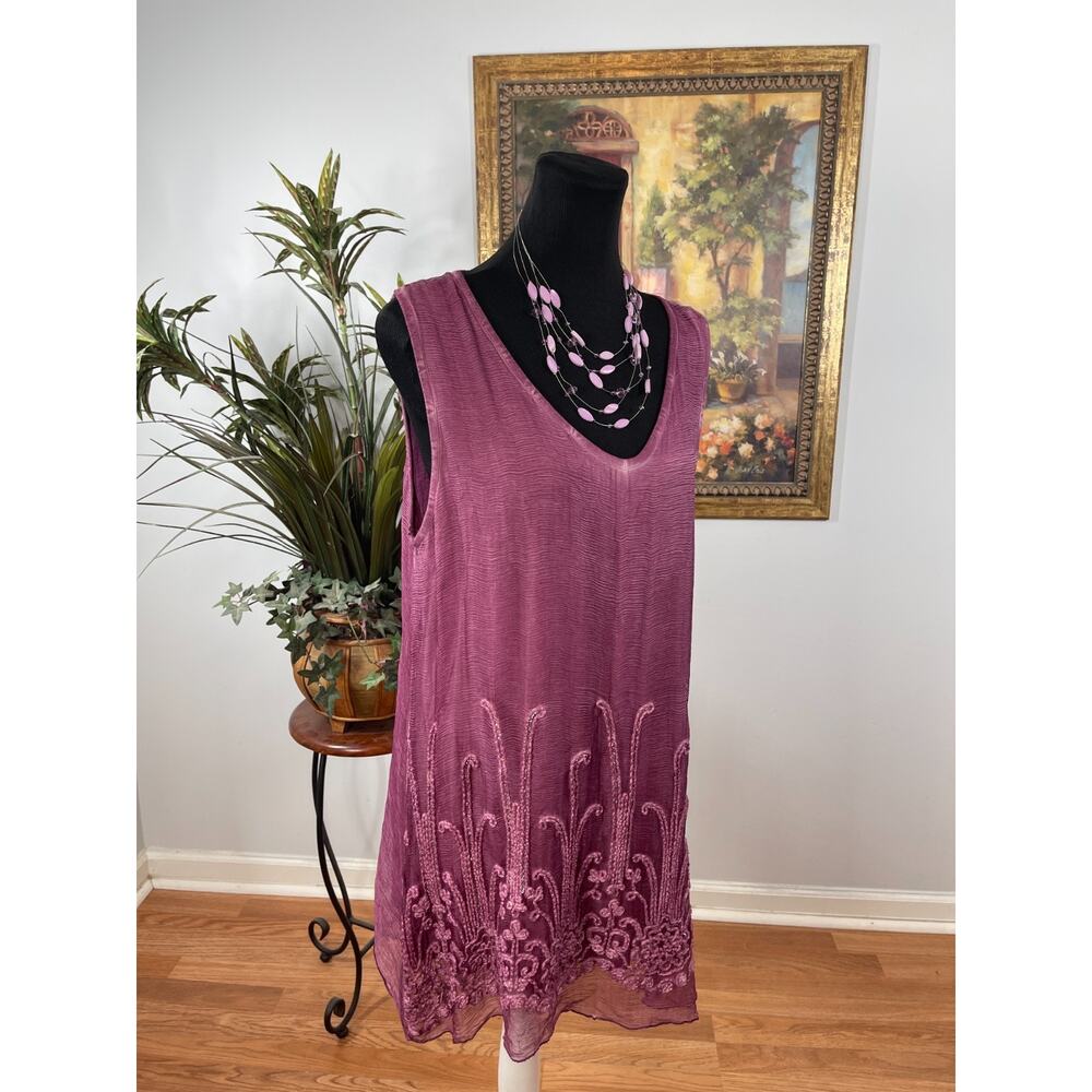 Soft Surroundings Tunic Top Womens Large Mauve Purple Crinkle100% Silk Romantic - Picture 2 of 7